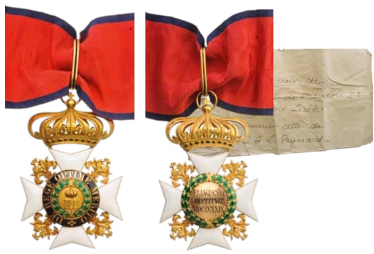 Order of Francis I: Commander’s Cross, 64x40 mm., GOLD, approx. 53 g., with white enameled arms, flanked by excellently chiseled, engraved and pierced fleurs de lys; obverse centre medallion with highly polished royal 