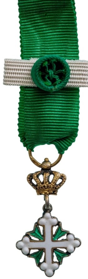 ORDER OF SAINT MAURICE AND LAZARUS: Commander's Cross Miniature, instituted in 1572. Breast Badge, 22x12 mm,, gilt Silver, one side enameled, original suspension ring and ribbon with silver bar and rosette. Very attractive badge, in min