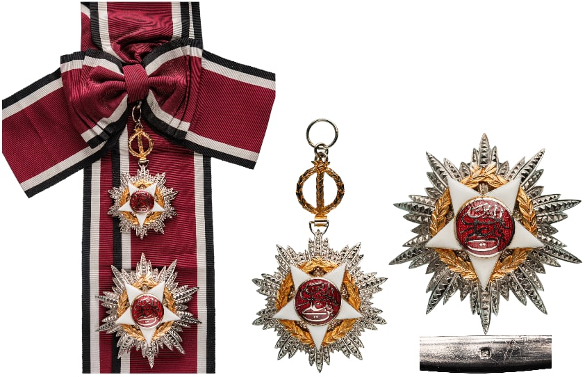 Order of Independence (Wisam Al Ordani Al Istiklal): Grand Cross, 1st Class, 2nd Model, instituted in 1921. Sash Badge, 92x60 mm, partially gilt Silver, enameled, superimposed part gilt enameled, with original suspension device, ring and sash for ladies