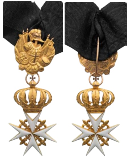 ORDER OF MALTA: Knights Cross, 100x35 mm., GOLD, with white enameled arms, flanked by Fleurs-de-Lys; large, bulbous crown, affixed to the upper arm, with ex- cellently finished details; round suspension ring, to whic