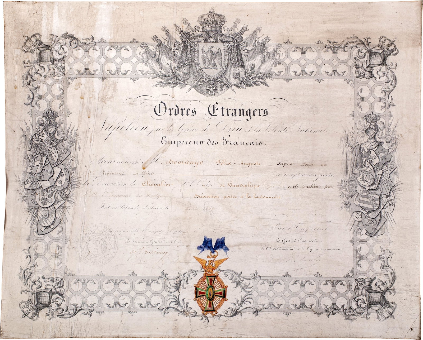 the National Order of Our Lady of Guadalupe: Knight's Cross Awarding Document, instituted in 1867. French Autorisation, 53x46 cm., on cardboard to a French Soldier, Mr. Felix Demange, serving in the Algerian Rifleman Regiment, dated Palais des T