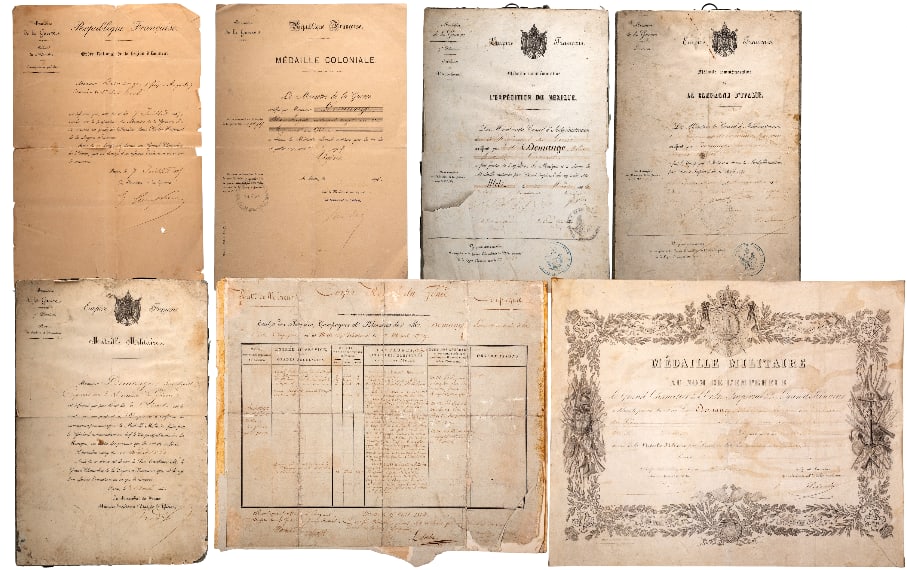 Group of Documents of a French Soldier serving in the Mexico Expedition: Awarding Documents, on cardboard (5) and paper (2) to a French Soldier serving in the Algerian Rifleman Regiment: Mexico Expedition Medal, dated 20th of March 1864; Italy Campain Medal, dated Constant