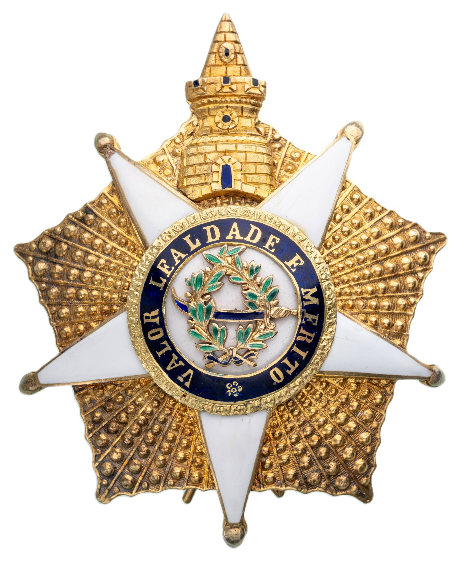 Military Order of the Tower and Sword: 1st Class Breast Star, 78x63 mm., gilt Silver, chiseled and pierced rays, the centre as the order’s badge enameled, with exceptionally finely made details to the centre medallion; the reverse, fitte