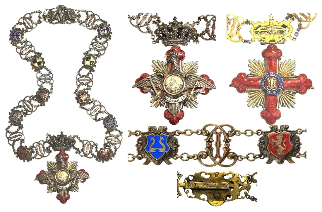 Order of Carol I (1906): Collar Chain. Collar Badge, 88x69 mm, gilt Silver, maker's mark "Paul Telge, Berlin", both sides enameled, centre GOLD, cross and the scarf with blue enameled legend "Prin statornicie la isbinda". The
