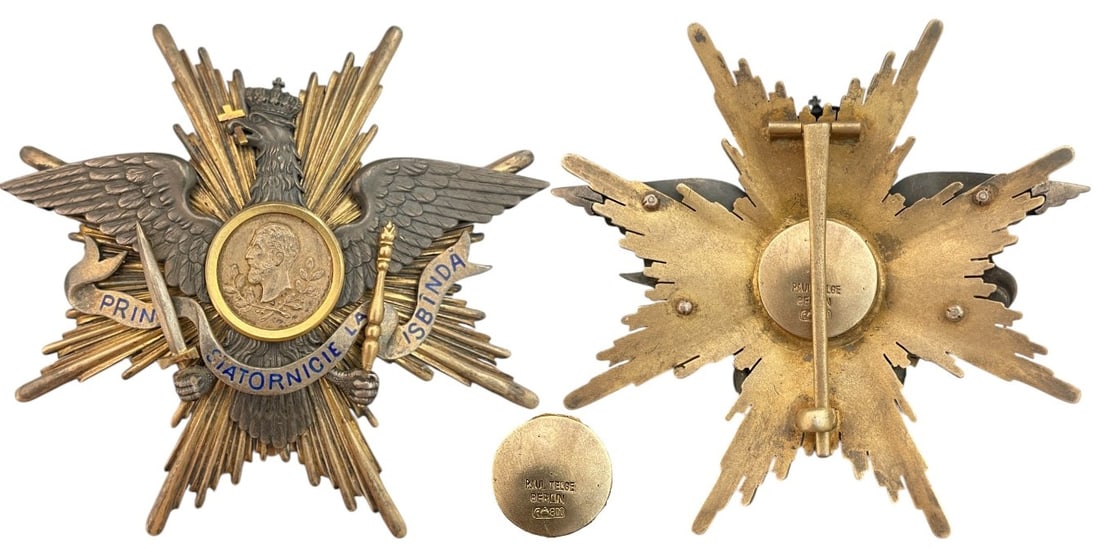 Order of Carol I (1906): Grand Cross Star 1st Model: Breast Star, 92x88 mm, gilt Silver, maker`s mark "Paul Telge - Berlin", hallmarkde "900", the shape of an 8 rays star, eagle in the centre. Old collection patina, very rare