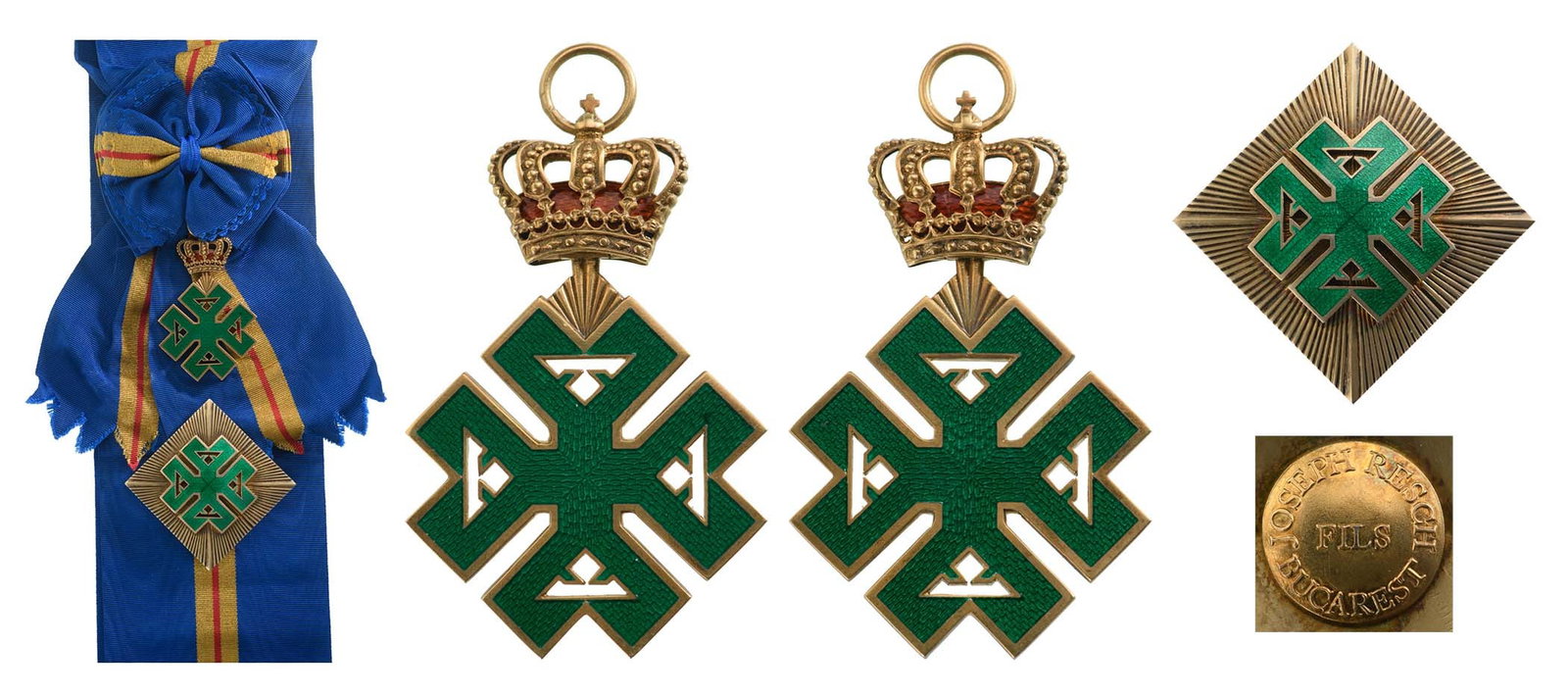ORDER OF FERDINAND: Grand Cross Set, 1st Class. Sash Badge, 57x44 mm, gilt Silver, both sides enameled, original suspension ring, loop and long complete sash. Breast Star, 55 mm, gilt Silver, superimposed parts enameled,