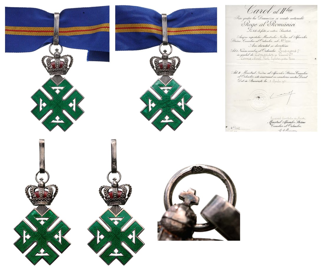 ORDER OF FERDINAND: Commander`s Cross. Neck Badge, 63x44 mm, gilt Silver, both sides enameled, original suspension ring, loop and ribbon, together with extremely rare awarding document dated 3rd of April 1931, to Aurel C
