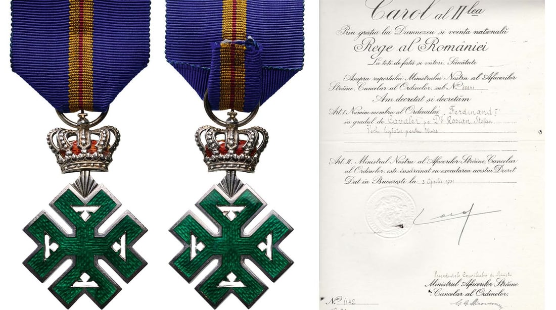 ORDER OF FERDINAND: Knight`s Cross in Silver, 47x31 mm, both sides enameled, original suspension ring and original ribbon, together with extremely rare awarding document dated 3rd of April 1931, to Stefan Rosian, old Uni