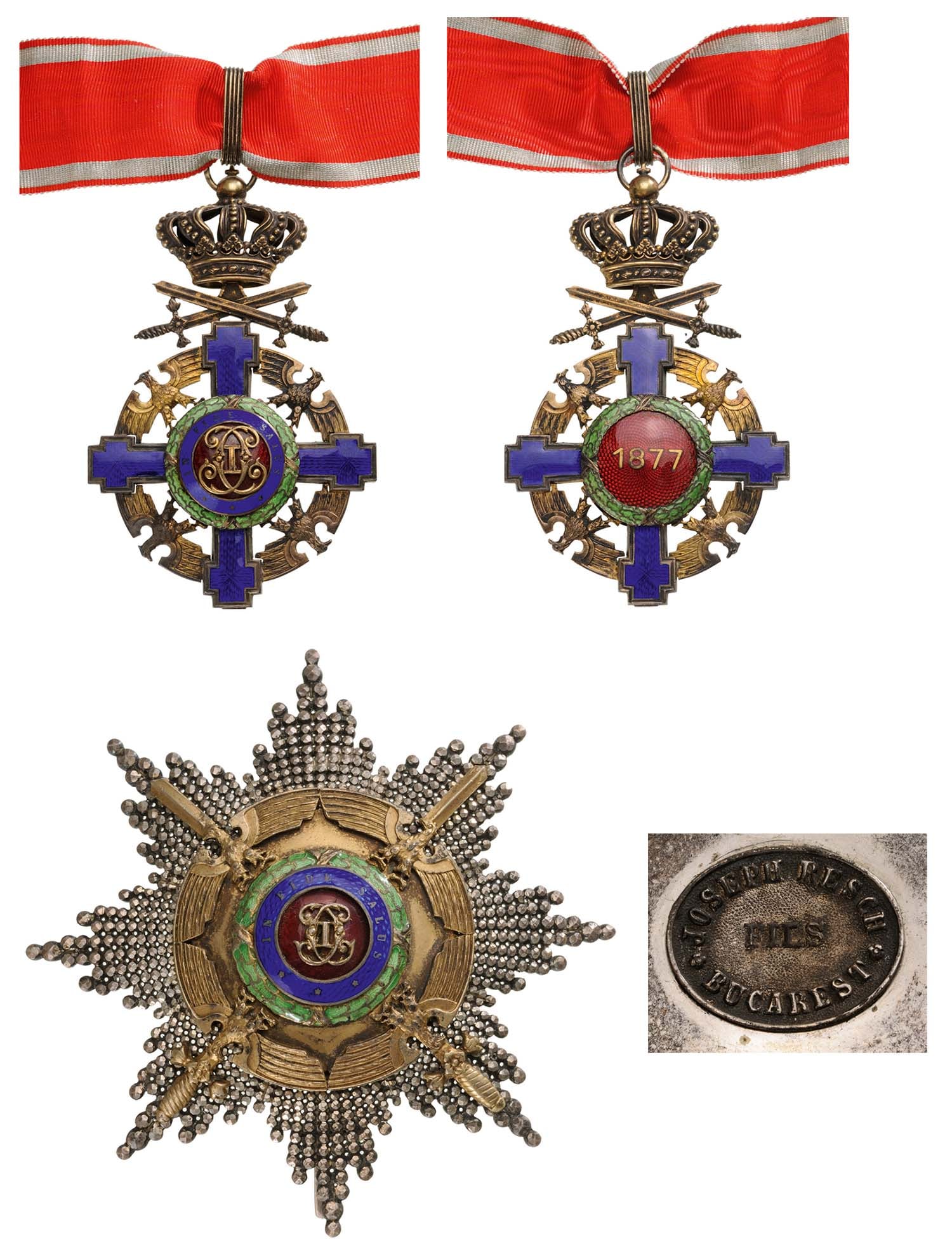 ORDER OF THE STAR OF ROMANIA, 1864: Grand Officer's Set, Intermediary Model (1932) for Military in Time of Peace. Neck Badge, 104x65 mm, gilt Silver, maker's mark "Resch" both sides enameled, original suspension ring, loop and ribbon. B