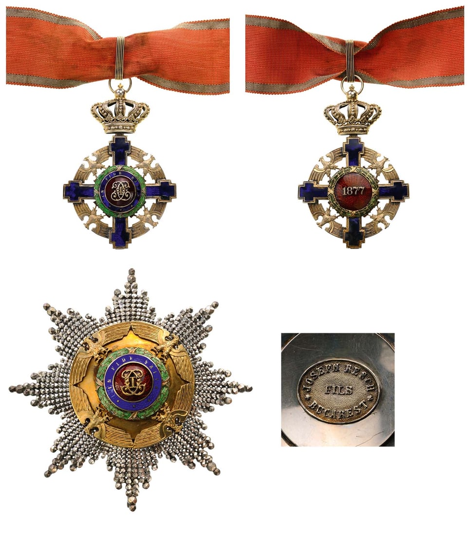 ORDER OF THE STAR OF ROMANIA, 1864: Grand Officer`s Set, Intermediary Model (1932) for Civil. Neck Badge, gilt Silver, partially erased maker`s mark "Resch", both sides enameled, original suspension loop; obverse medallion with cipher o