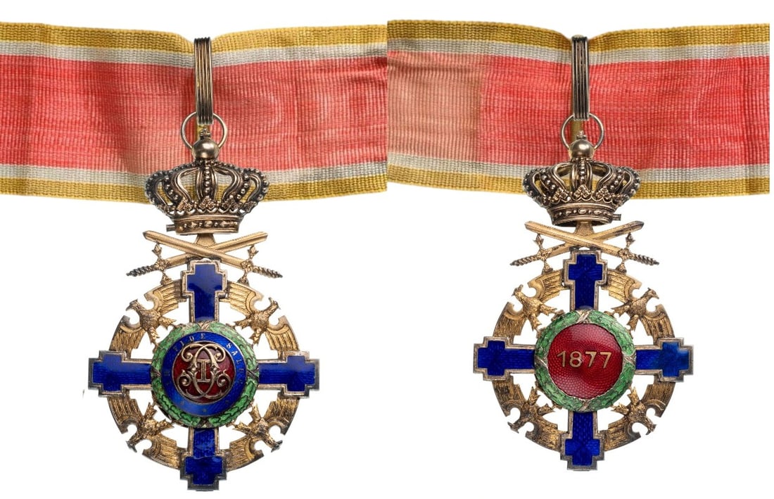 ORDER OF THE STAR OF ROMANIA, 1864: Commander's Cross, Intermediary Model (1932), for Military in Time of Peace. Neck Badge, 105x65 mm, gilt Silver, maker`s mark "Josef Resch&Fils, Bucarest", both sides enameled, with original suspensio