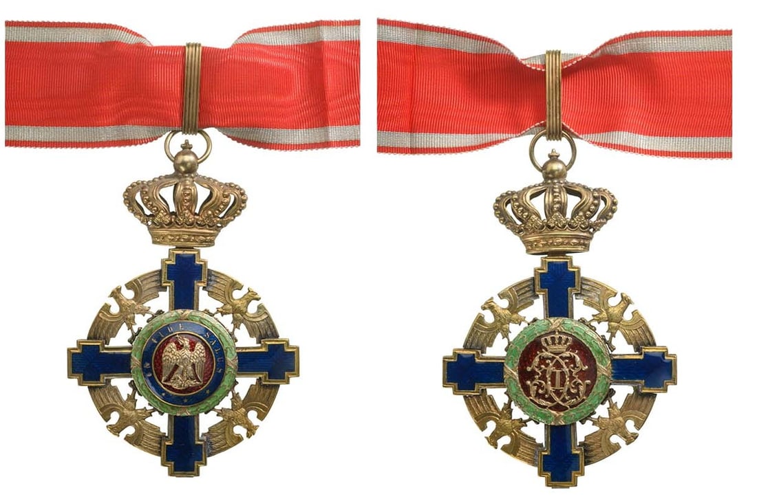 ORDER OF THE STAR OF ROMANIA, 1864: Intermediary Model (1932). Commander's Cross, 2nd Model for Civil. Neck Badge, 97x67 mm, gilt Silver, maker's mark "Resch" enameled, original suspension ring, loop and ribbon. Rare! I R!