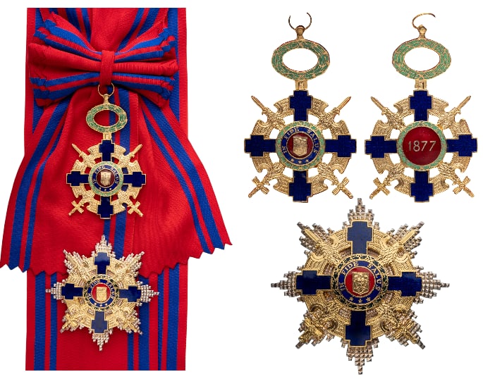 ORDER OF THE STAR OF ROMANIA, Republic Model: Grand Cross Set, Republic Model (1991), for Military in Time of War. Sash Badge, 95x61 mm, gilt Metal, both sides dark blue enameled, obverse medallion with Republic weapon, reverse medallion with "18