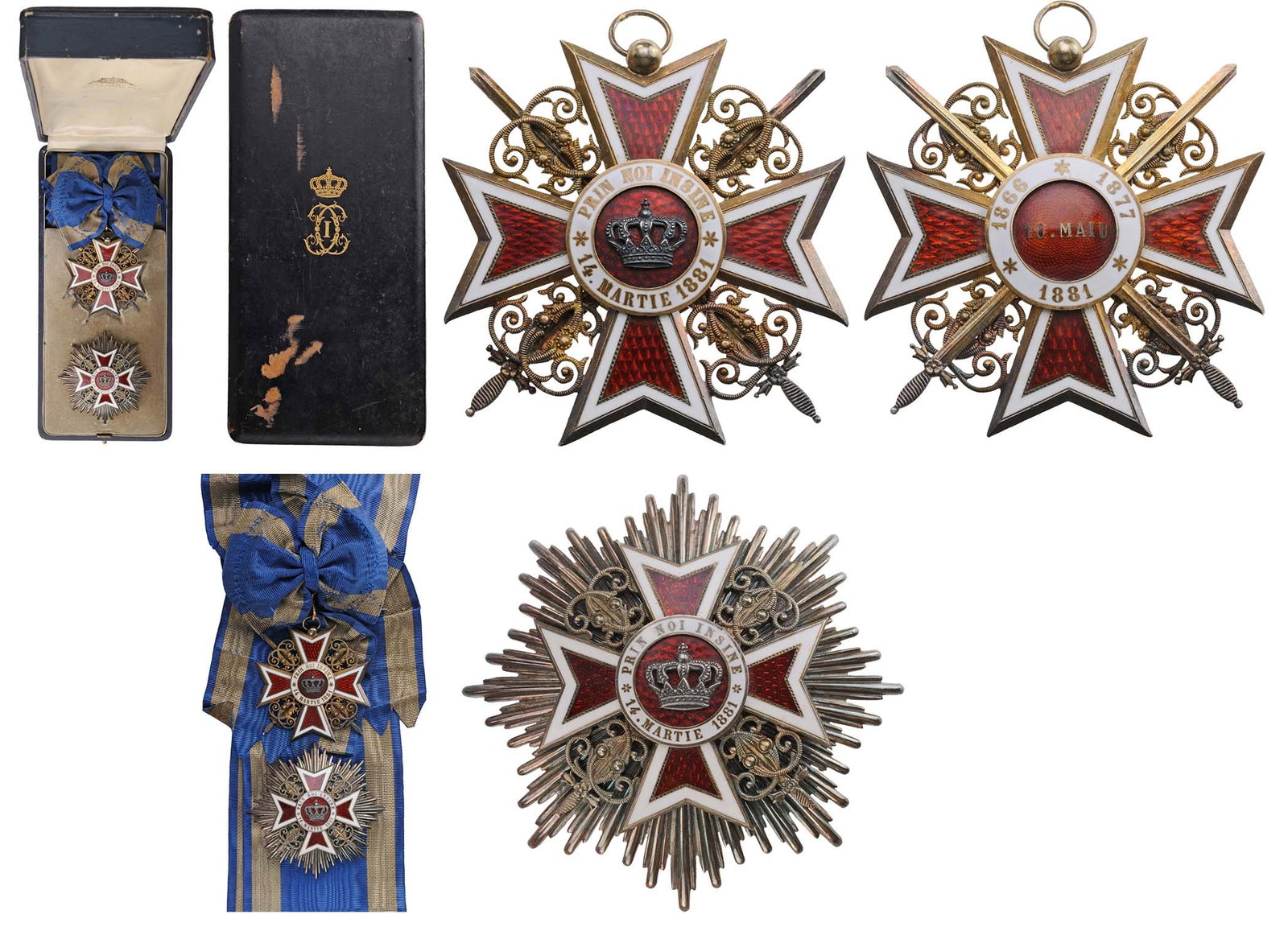 ORDER OF THE CROWN OF ROMANIA, 1881: Grand Cross Set, 1st Type, MIlitary. Sash Badge, 80 mm, gilt Silver, enameled, original suspension ring and long sash. Breast Star, 85 mm, Silver, enameled with pin and two side hooks on reverse, in o