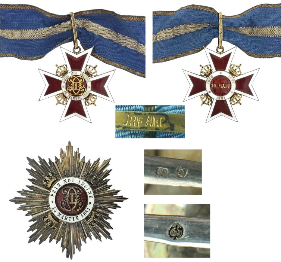 ORDER OF THE CROWN OF ROMANIA, 1881: Grand Officer's Set, Intermediary Model (1932) for Civil. Neck Badge, gilt Silver, 67 mm, hallmarked "ARG", maker`s mark "JRf (Joseph Resch Fils - Bucarest)", both sides enameled, original suspension 