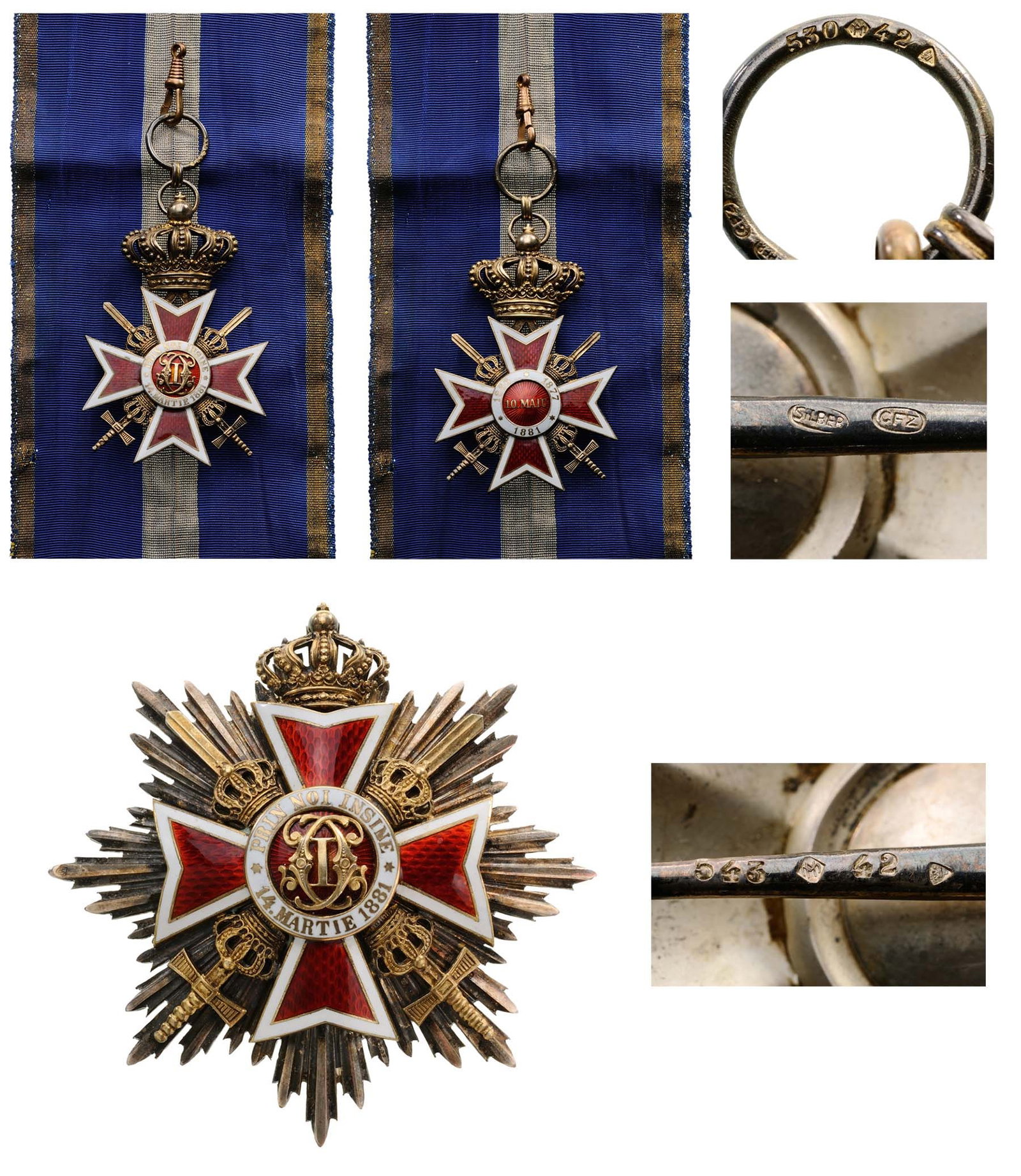 ORDER OF THE CROWN OF ROMANIA, 1881: Grand Cross Set, 2nd Type (1938), Military. Sash Badge with swords, gilt Silver, hallmarked "SILBER", maker`s mark "CFZ-530-MN-42-crown", both sides enameled, hallmarked "SILBER", maker`s mark "CFZ-54