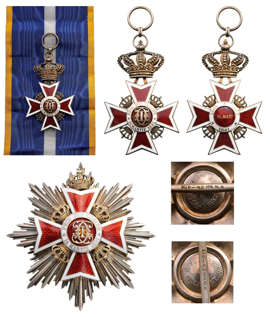 ORDER OF THE CROWN OF ROMANIA, 1881: Grand Cross Set, 2nd Model (1938), for Military in Time of Peace. Sash Badge with crown, gilt Silver, both sides red enameled, short sash. Breast Star with crown, Silver, enameled, hallmarked "105-40,