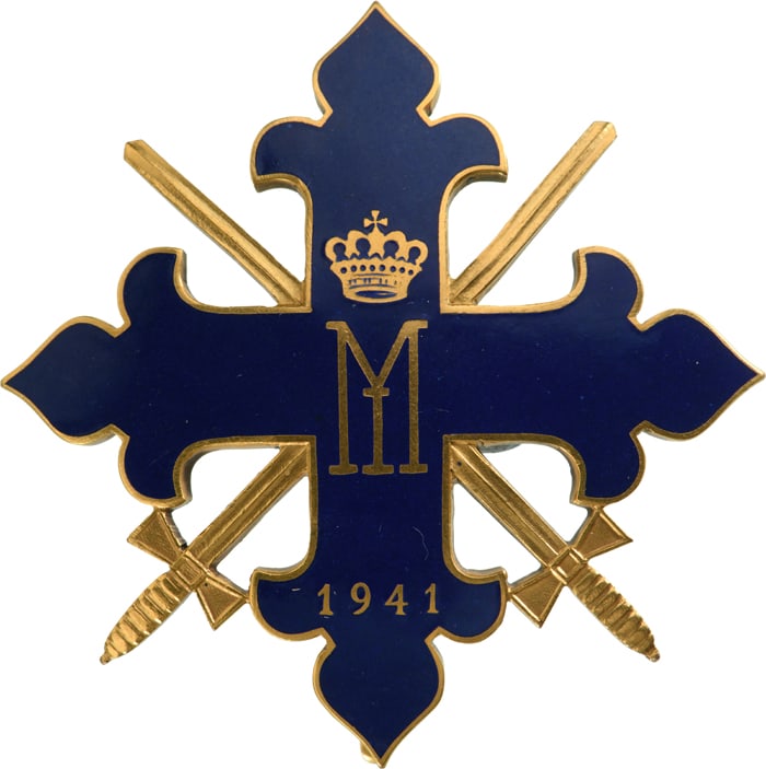 Order of Michael the Brave (1941): 1st Class, 3rd Model. Breast Star, gilt Silver, one side light blue enameled trefoiled cross with golden edges, the cipher of King Michael I and two crossed swords, thin pin on the back. Extremely rar