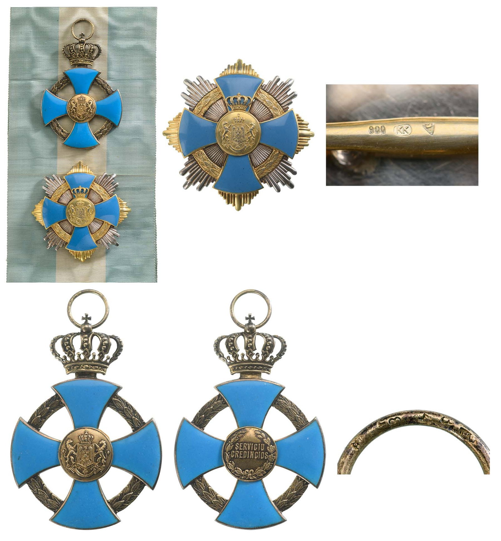 ORDER OF THE FAITHFULL SERVICE, 1935: Grand Cross Set, 1st Model (1932): Sash Badge, 80x56 mm, Silver gilt, hallmarked "crown-34-81", maker`s mark "HW - Heinrich Weiss" concave cross, beautifully made slightly rounded light blue enamel on