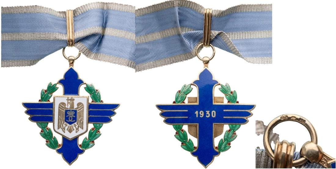 Order of Aeronautical Virtue (1930): Commander`s Cross, 1st Model with cipher of King Carol II, for Civil. Neck Badge, 65x59 mm. gilt Silver, hallmarked "900", maker's mark "KK", original suspension ring, loop and ribbon. A superb and ra