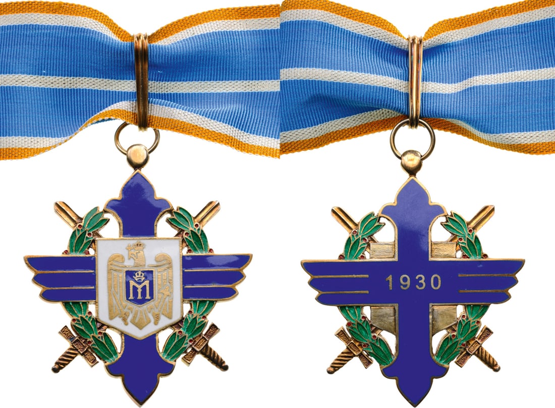 Order of Aeronautical Virtue (1930): Commander`s Cross, 2nd Model with cipher of King Mihai I, for Military in Time of War, 1940, 60 mm in gilt Silver, original suspension ring, loop and correct ribbon. Rare and in extremely fine conditi