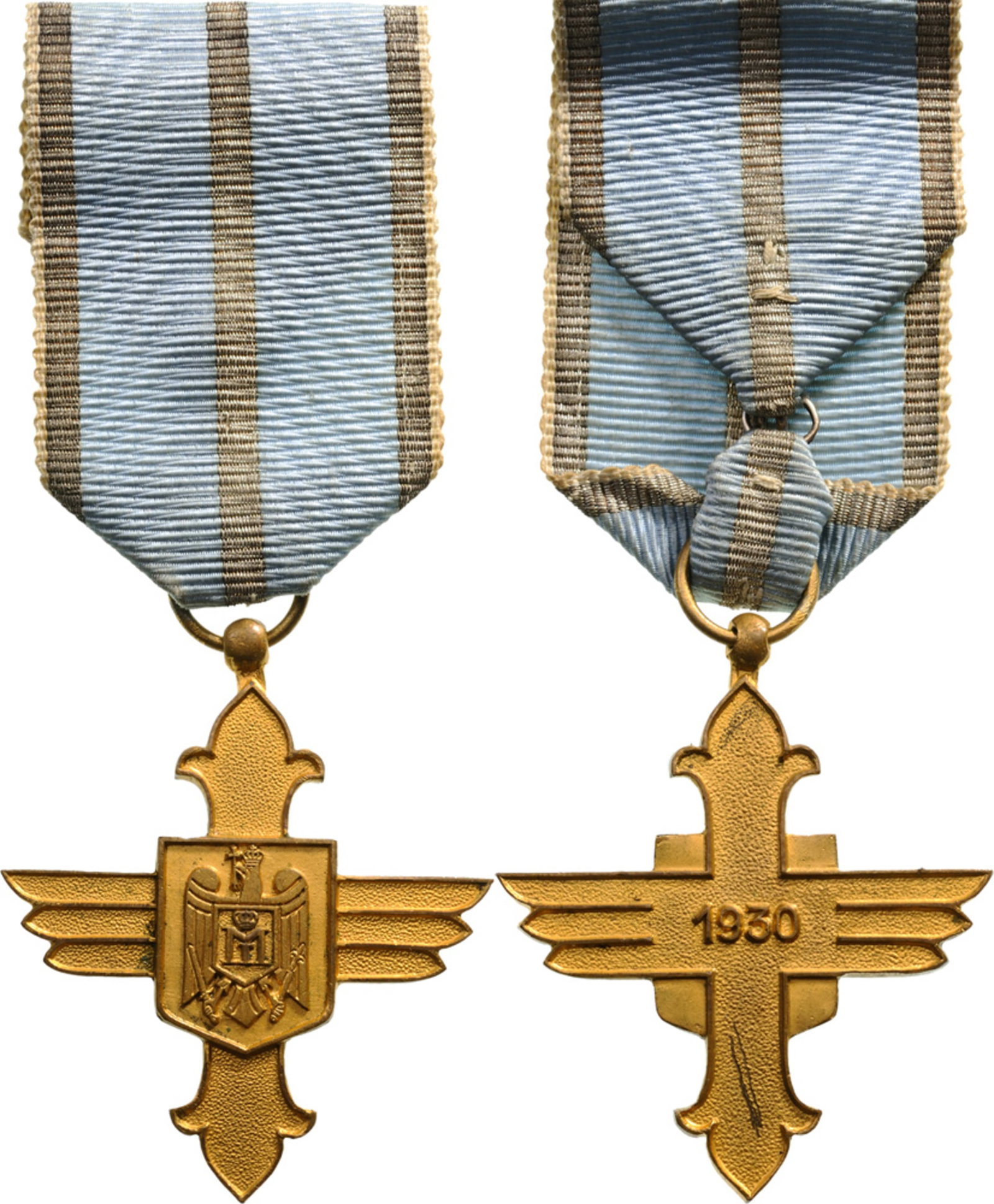 Order of Aeronautical Virtue (1930): Golden Cross, 2nd Model with cipher of King Mihai I, for Civil, 45x42 mm in gilt Copper, with original ribbon. Of the highest rarity, for the first time in a public sale and extremely fine! I RR!