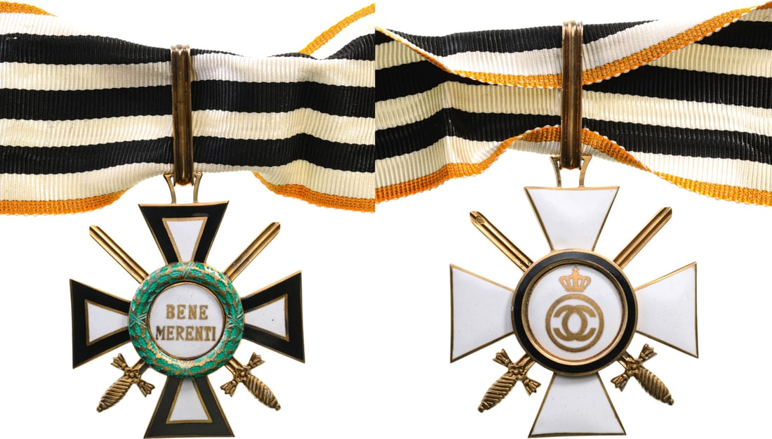 Bene Merenti Order of the Royal House (1937): Commander Cross, 2nd Class, Military, 43 mm in gilt Silver, both sides enameled, obverse with "BENE MERENTI", on reverse the cipher of King Carol II, two swords crossed, original suspension loop and r