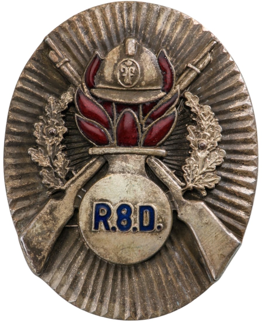 Special Collection of 7 Year Infantry Regimental Badges of the 8th Infantry Regiment (Guard)- Buzau: Breast Badge, 54x44 mm, Silver, one side partially enameled, vertical pin on the back. I.M.S.P.R. 090. I Rare! R!