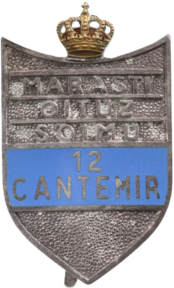 Special Collection of 7 Year Infantry Regimental Badges of the 12th Infantry Regiment-Cantemir: Breast Badge, 53x32 mm, Silver, hallmarked "SILBER-ABN-900" one side patially enameled, vertical pin on the back. I.M.S.P.R. 095. I Rare! R!