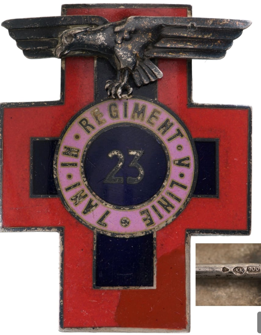 Special Collection of 7 Year Infantry Regimental Badges of the 23rd Infantry Regiment-Ialomita: Breast Badge, 51x49 mm, Silver, hallmarked "crown-KK-900", one side enameled, vertical pin on the back. I.M.S.P.R. 104. Very rare and superb! I RR!