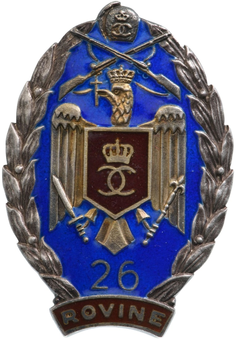 Special Collection of 7 Year Infantry Regimental Badges of the 26th Infantry: Breast Badge, 55x40 mm, Silver, one side enameled, vertical pin on the back. I.M.S.P.R. 108. I Rare! R!