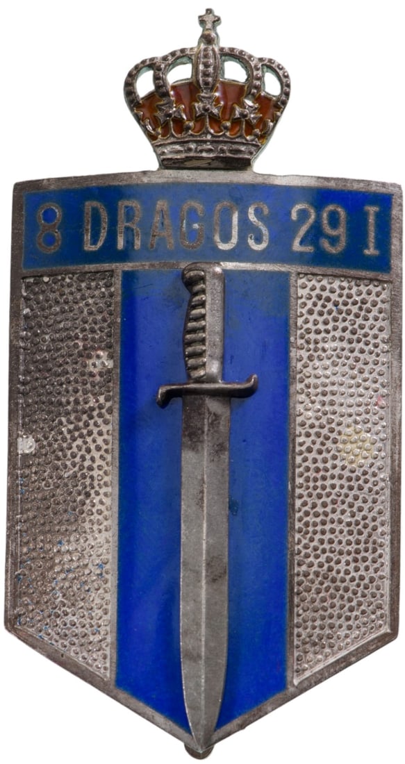 Special Collection of 7 Year Infantry Regimental Badges of the 29th Infantry Regiment-Dragos: Breast Badge, 60x30 mm, Silver, hallmarked "SILBER-900-ABN", one side enameled, vertical pin on the back. I.M.S.P.R. 111. I