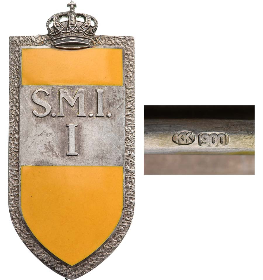 Special Collection of 7 Year Infantry Badges - Infantry and Administration Military School Badge: Breast Badge, 55x26 mm, Silver, hallmarked "900" maker`s mark "KK", enameled, pin on the back. I.M.S.P.R. 152. Rare! I