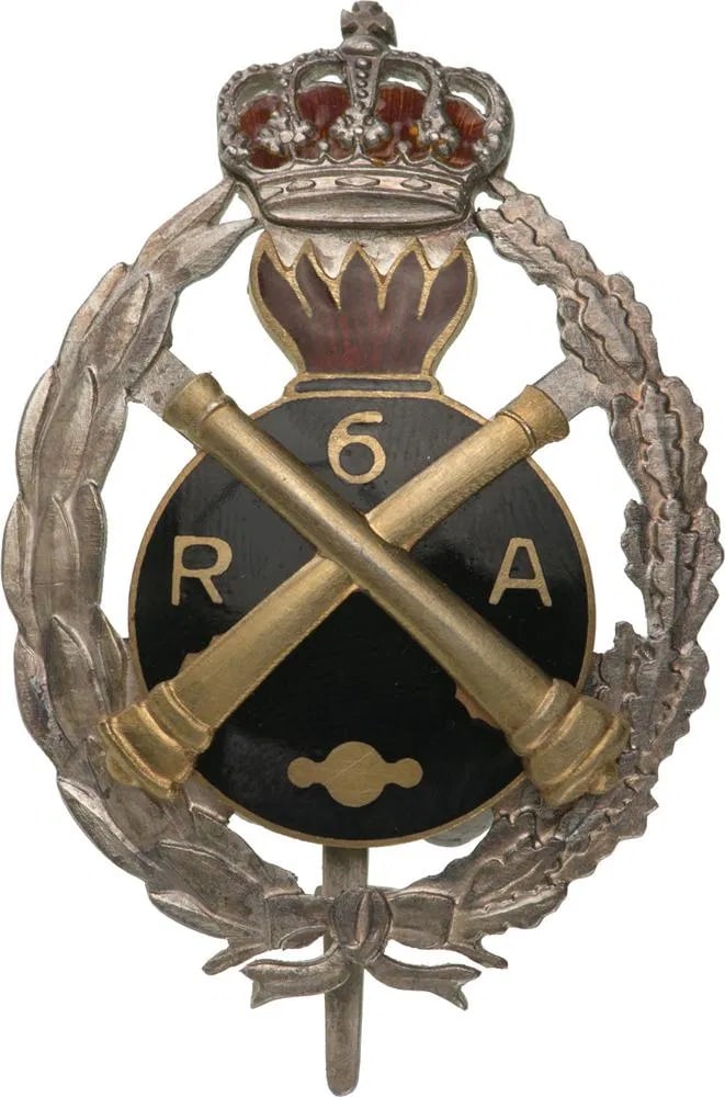Special Collection of 7 Year Regimental Badges of the 6th Artillery Regiment: Breast Badge, 53x38 mm, Silver and gilt Silver, partially enameled, long vertical pin on the back. M.S.B.R. 160. A very rare badge, in superb condition! I RR!