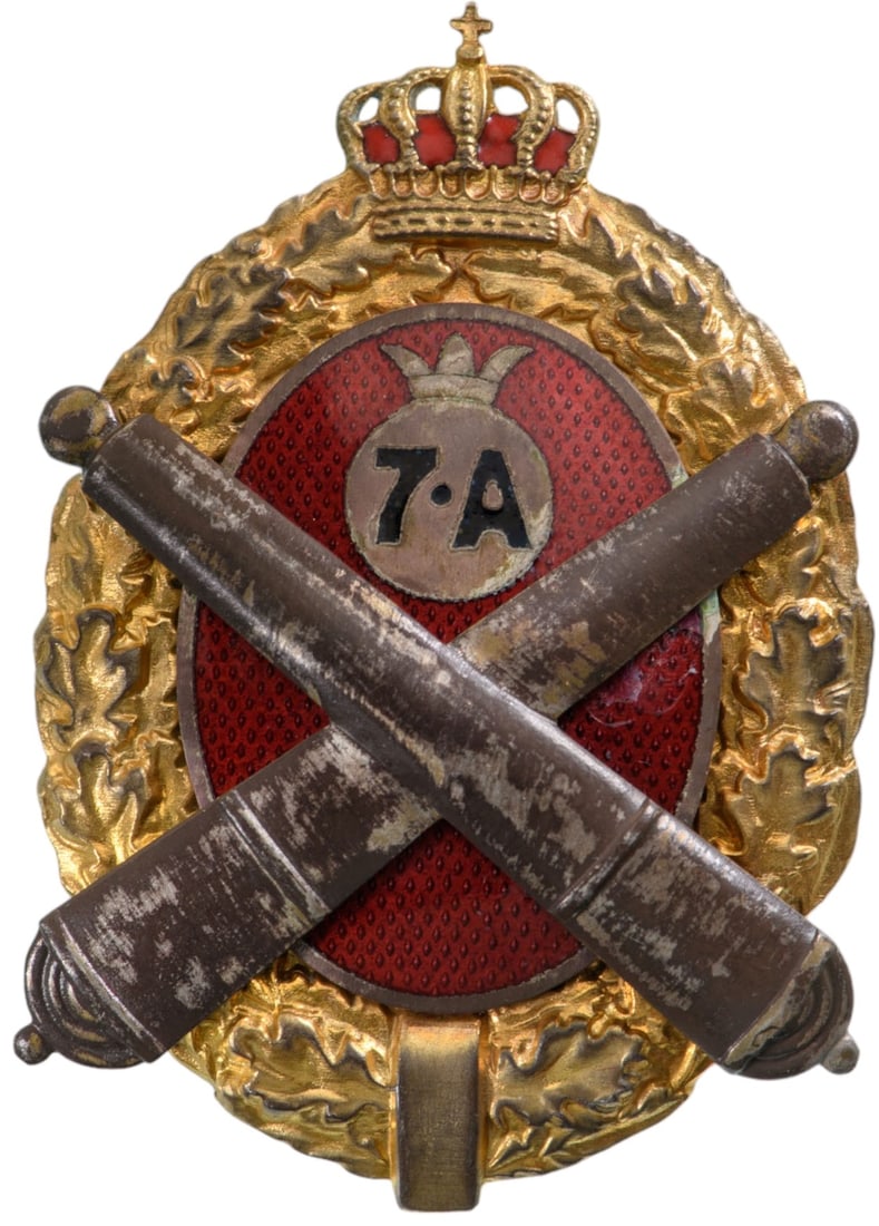 Special Collection of 7 Year Regimental Badges of the 7th Artillery Regiment, Buzau: Breast Badge, gilt Silver, hallmarked "SILBER, 900, maker's mark "ABN", one side enameled, multipart construction, with thin pin. M.S.B.R 162. I