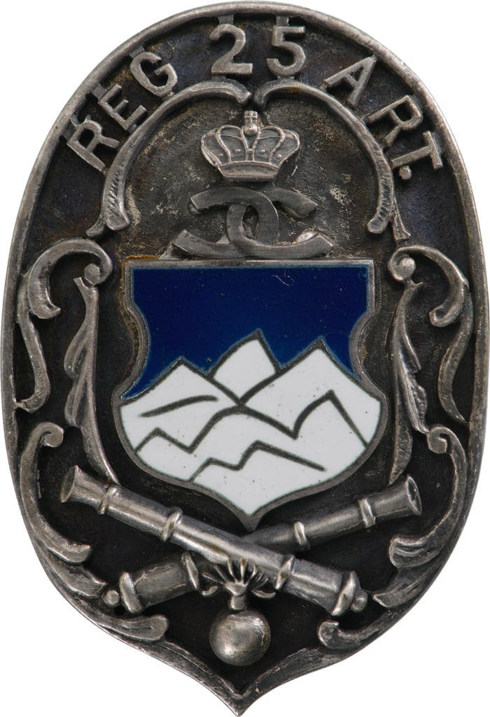 Special Collection of 7 Year Artillery Badges - Badge of the 25th Artillery Regiment: Breast Badge, 52x36 mm, Silver, one side partially enameled, vertical pin on the back. I.M.S.P.R. 179. Very rare! I RR!
