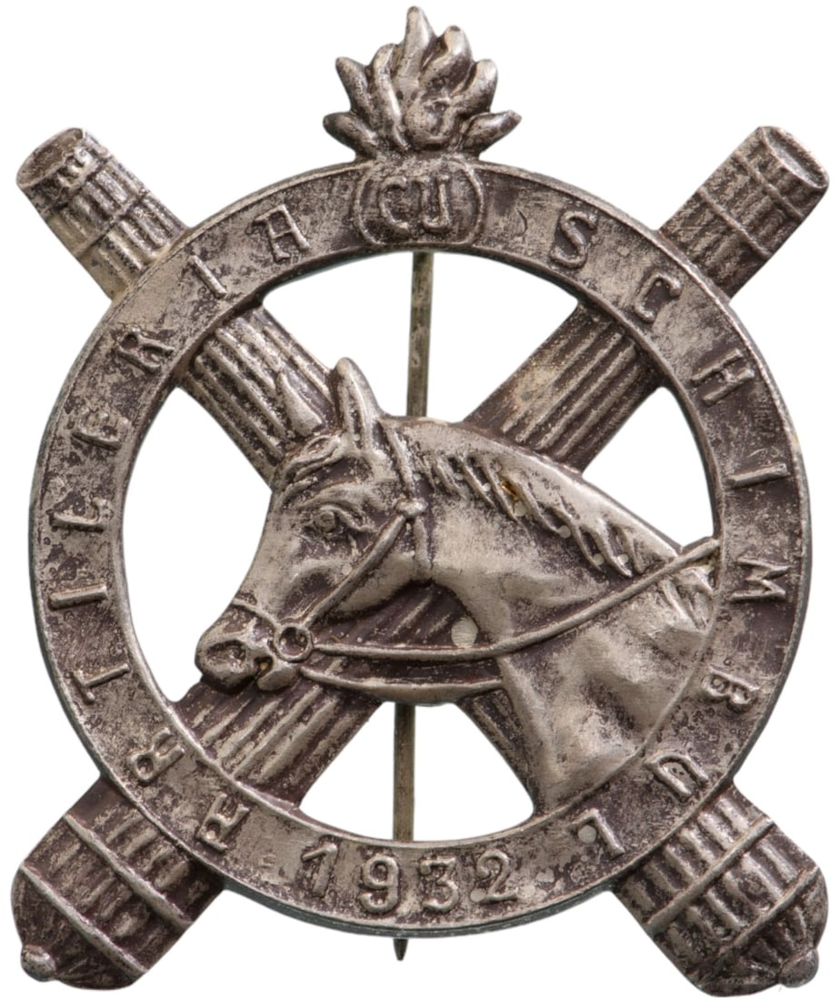 Special Collection of 7 Year Regimental Badges of the Part-time Horse Artillery: Breast Badge, 50 mm, Silver, vertical pin on the back. I.M.S.P.R. 203. Very rare! I RR!