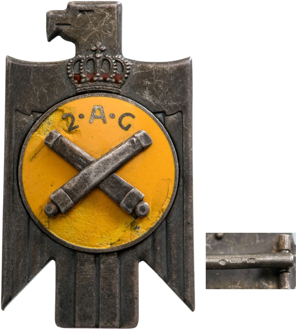 Special Collection of 7 Year Regimental Badges of the 2nd Heavy Artillery Regiment: Breast Badge, 50x30 mm, Silver, hallmarked "900-KK-anchor", one side partially enameled, vertical pin on the back, M.S.B.R. 210. I