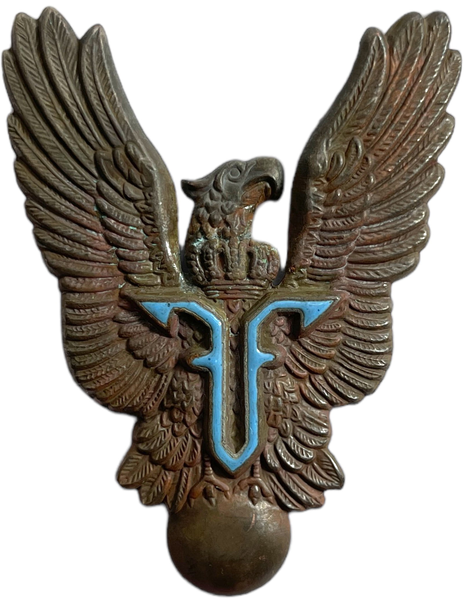 PILOT BADGES, "KING FERDINAND I" MODEL, 1920: Breast Badge, 60x45 mm, silvered Bronze, enameled, clasp on reverse, I.M.S.P.R. 227. Rare! I