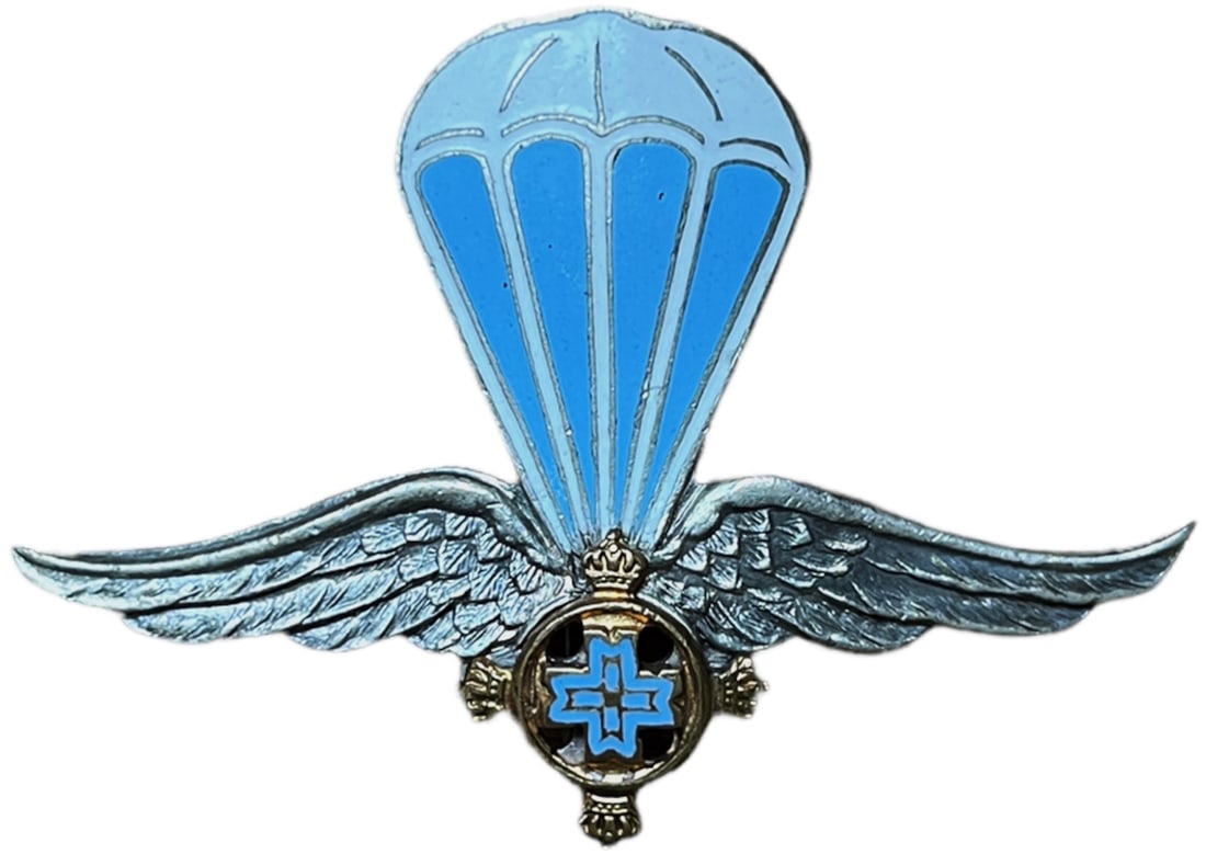 Paratrooper Bagde, 1944-1945 Model: Breast Badge, 41x60 mm, Silver, obverse enameled, superimposed part gilt, enameled, vertical pin on the back. M.S.R.B. 272. Very rare and attractive! I RR!