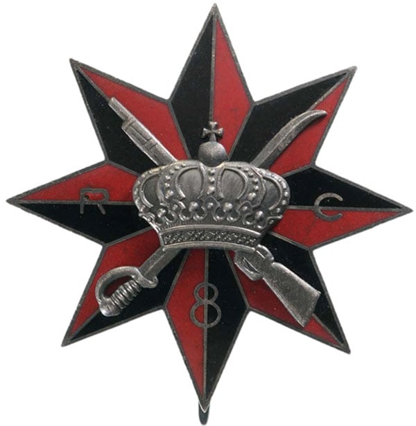 Special Collection of 7 Year Regimental Badges of the 8th Calarasi (Light Cavalry) Regiment: Breast Badge, 52 mm, Silver, one side enameled, vettical pin on the back, M.S.B.R. 319. Rare and superb! I R!