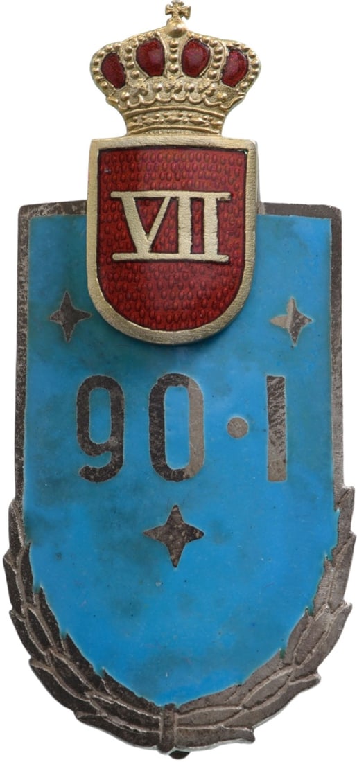 Special Collection of 7 Year Regimental Badges of the 90th Infantry Regiment: Breast Badge, 40 mm, Silver, enameled, pin on the back. I.M.S.P.R. 400. Rare! I R!