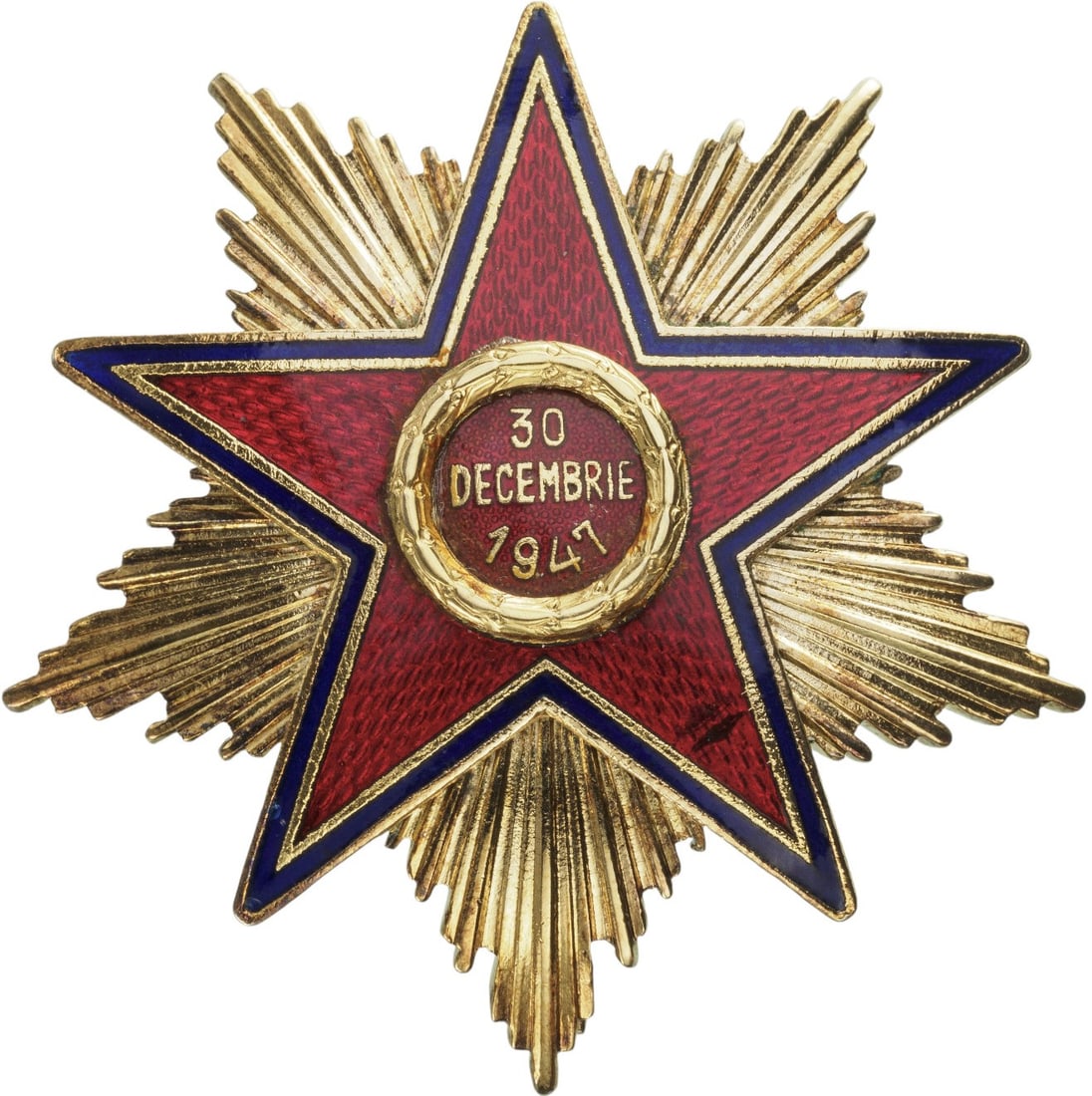 RPR - ORDER OF THE STAR OF ROMANIA, instituted in 1948: 1st Class Star, 1st Model (1948), Special Class For Ladies. Breast Star, 52 mm, gilt Silver, partially enameled, multipart construction, medium pin on reverse. This order in its 1st form, which was in