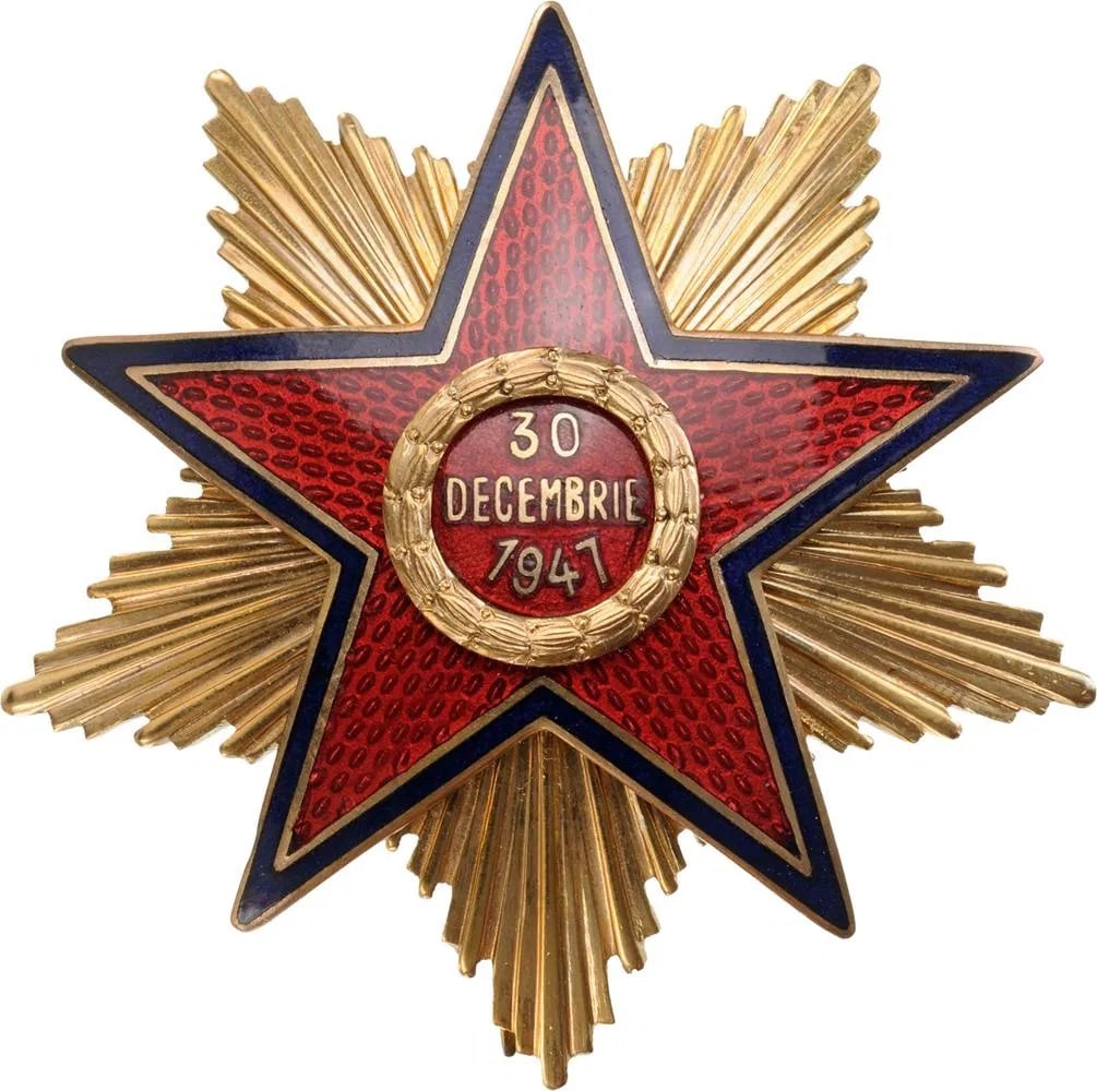 RPR - ORDER OF THE STAR OF ROMANIA, instituted in 1948: 1st Class Star, 1st Model (1948), Special Class For Ladies. Breast Star, 54 mm, gilt Silver, enameled, with pin back. Very rare and superb! I RR!