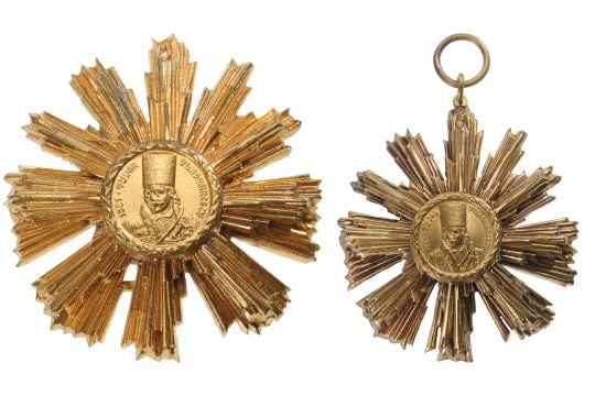 RSR - ORDER OF "TUDOR VLADIMIRESCU", instituted in 1966: Set for Diplomates, 1st and 2nd Classes. Breast Stars, 56x53 mm, gilt Bronze, one with original suspension ring and one with pin back. Very rare! (2) I RR!