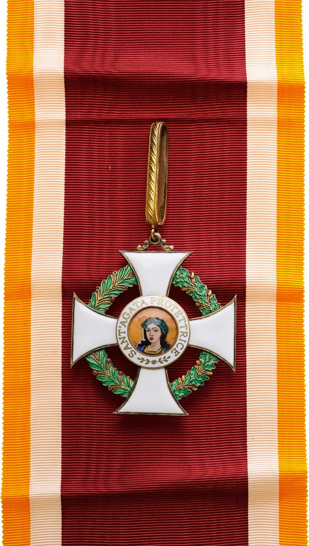 ORDER OF SANTA AGATHA: Grand Cross Badge, 1st Class, instituted in 1923. Sash Badge, 60x53 mm, gilt Silver, both sides enameled, both central medallions gilt Silver, enameled, original ornamented suspension loop and long sa