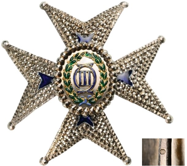 ORDER OF CHARLES III: Prince Size Commander of the Number Star, 2nd Class, instituted in 1771. Breast Star, 61 mm, Silver with brilliant cut rays, partially repierced, partially enameled, central medallion silver and gilt,