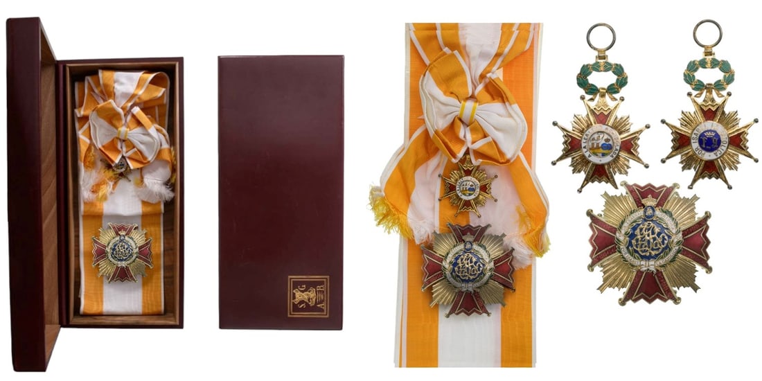 ORDER OF ISABELLA THE CATHOLIC: Grand Cross Set. Sash Badge, gilt Silver, 65x44 mm, red enameled arms, obverse centre medallion with enameled details, within white enameled outer circlet with the Order`s motto in gold lettering, dar