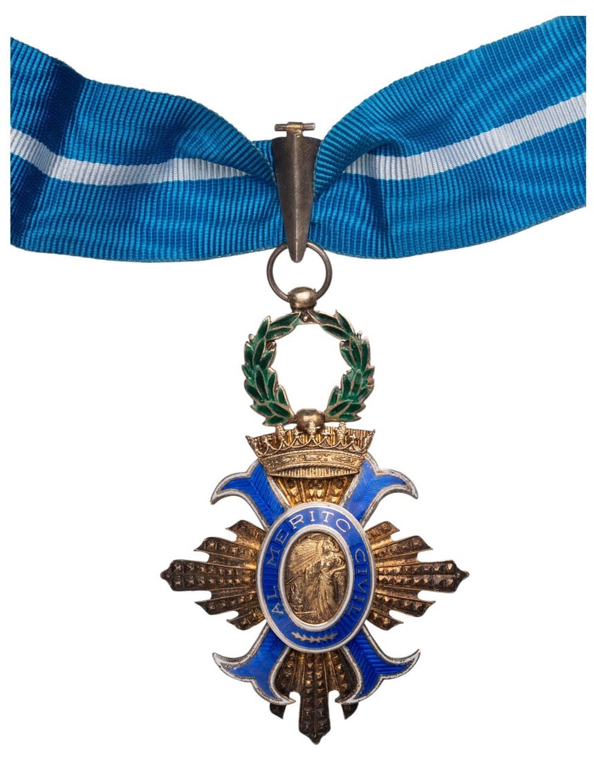 The Order of Civil Merit: Commander's Cross, instituted in 1926. Neck Badge, 80x76 mm, gilt Silver, one-side enameled, original suspension loop and ribbon. Extremely fine condition. I