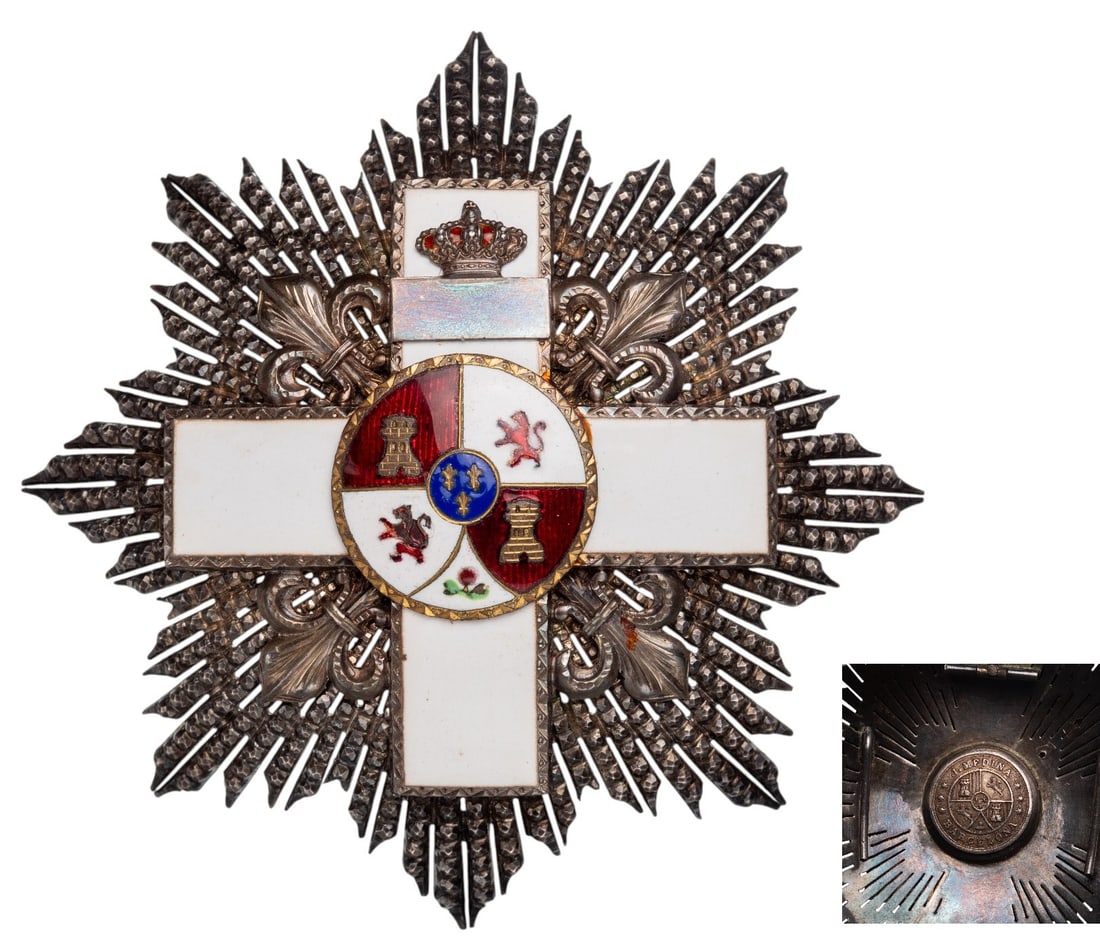 ORDER OF MILITARY MERIT: Grand Cross Star with White Distinction, 1st Class, instituted in 1864. Breast Star, 81 mm, Silver, maker's mark "Medina, Barcelona" central medallion gilt, enameled, original thin ring and two side h